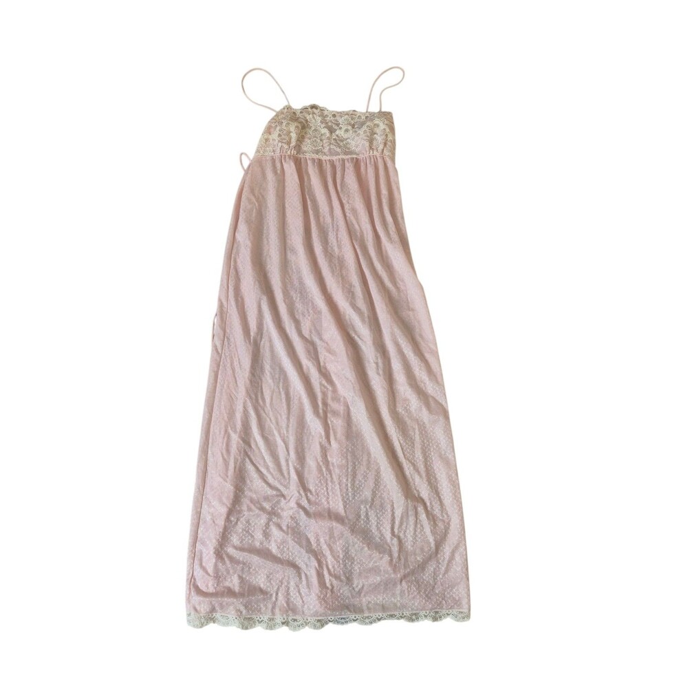 Juli of Slumbertogs VTG 70s Lace Nightgown Peignoir Sleeveless Maxi Dress Pink M